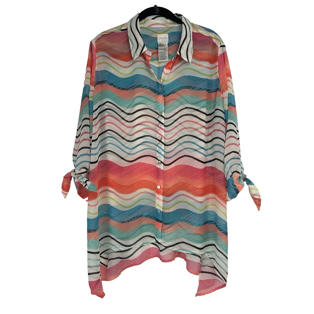 Chicos‎ Tunic Button Up Top Size 2 XL Sheer Striped Beachy Boho Sharkbite Hem